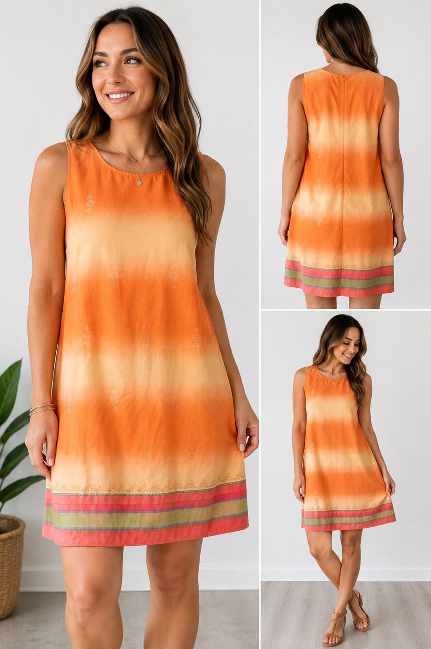 Vintage California Concepts Orange Ombré Border Print Shift Dress 90s Y2K Sz 14